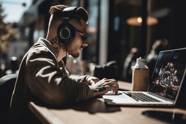 A person enjoying a cup of coffee in a coffee shop while working on their laptop generative ai