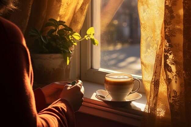 A person enjoying a cup of tea while sitting on a blanket in a field