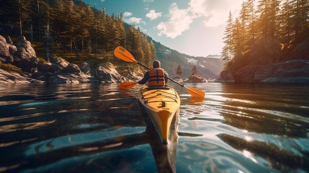 A person enjoying an ecofriendly activity such as kayaking or hiking with a focus on the importance of protecting natural habitats Generative AI