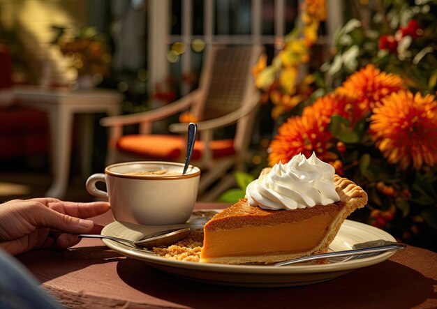 A person enjoying pumpkin pie in an outdoor setting