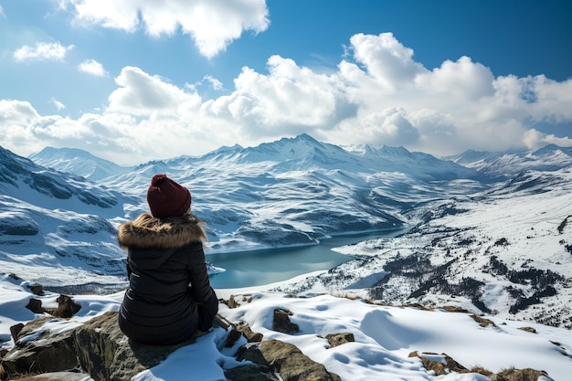 человек, наслаждающийся живописным видом на покрытое снегом озеро с вершины горы