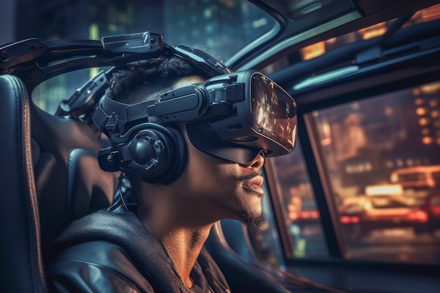 Человек, наслаждающийся путешествием в виртуальной реальности во время ночной поездки на беспилотном автомобиле