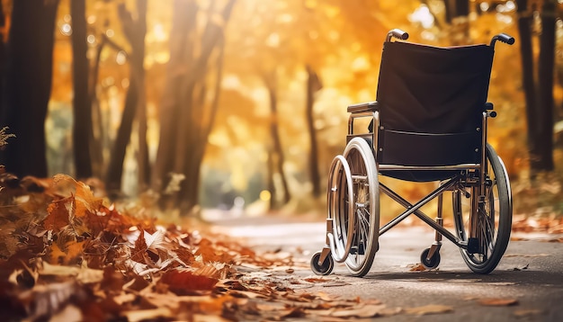 person enjoying a walk in an autumn park sitting on wheel chair