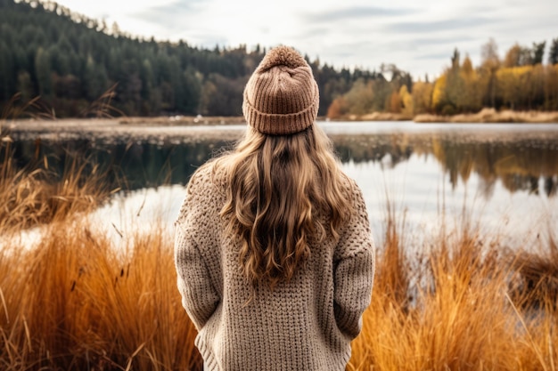 Person enjoying a winter walk by the lake in a cozy sweater