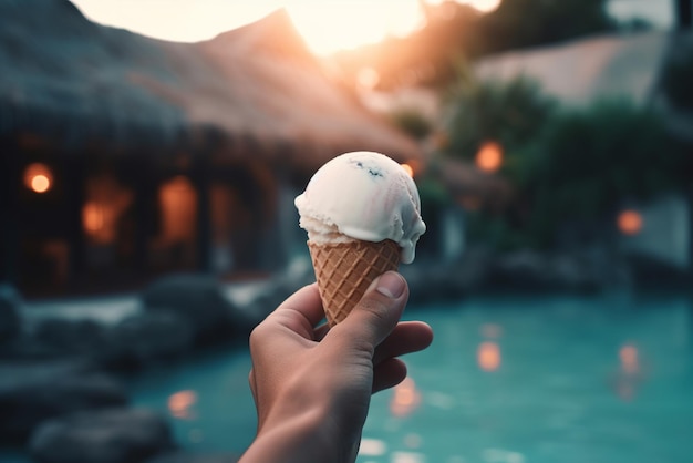 A person enjoys a creamy ice cream cone while taking in breathtaking views at a luxurious vacation