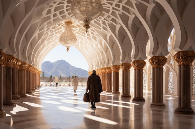 a person enter a beautiful mosque