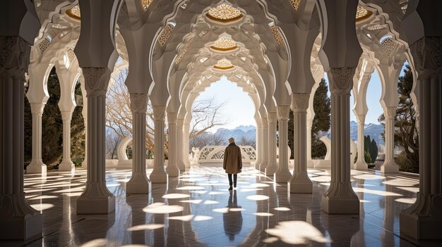 a person enter a beautiful mosque