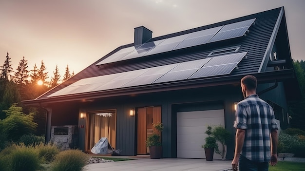 A person at the entrance of a house with solar panels