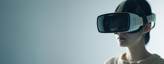 Photo a person experiencing virtual reality with a vr headset against a blue background