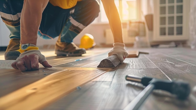 a person expertly installing vinyl flooring The scene unfolds in a bright modern interior