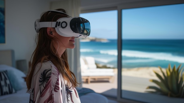 Photo a person exploring a coastal beach house with a vr headset