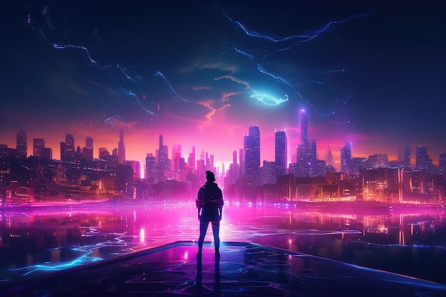 Person exploring a futuristic cityscape with pink and purple lights shining in the night sky