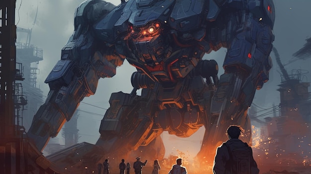 Person face off giant robot digital art illustration Generative AI