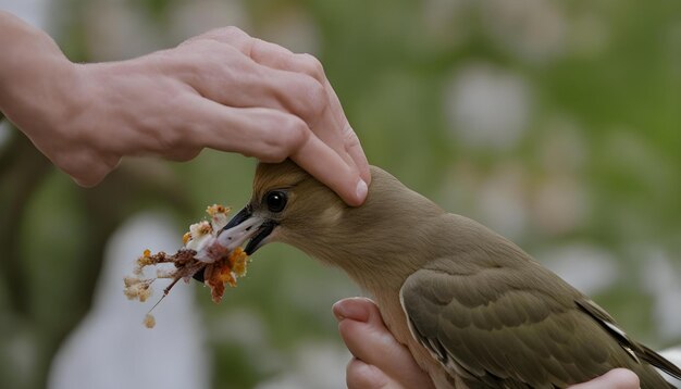 Photo a person feeding a bird with a bird on its beak