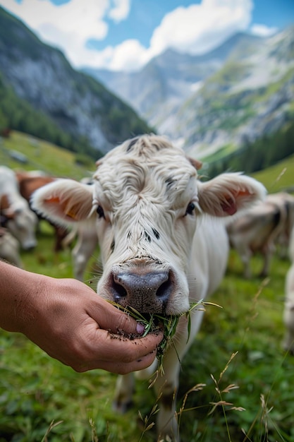 Person Feeding Cow Grass in Field