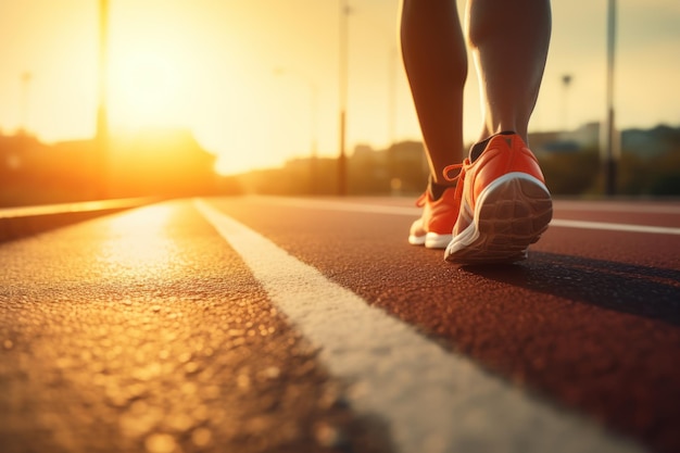 person feet with running shoe on a sport race track Generative AI