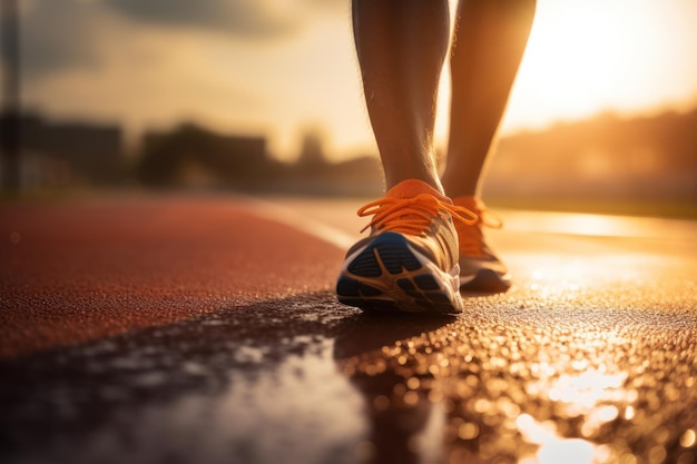 person feet with running shoe on a sport race track Generative AI