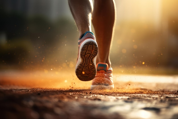 person feet with running shoe on a sport race track Generative AI