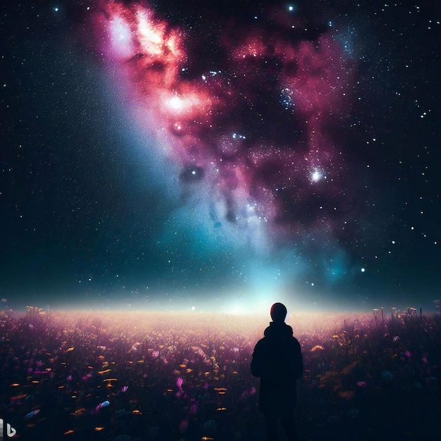 Photo a person in a field of flowers looking at the night sky with a galaxy