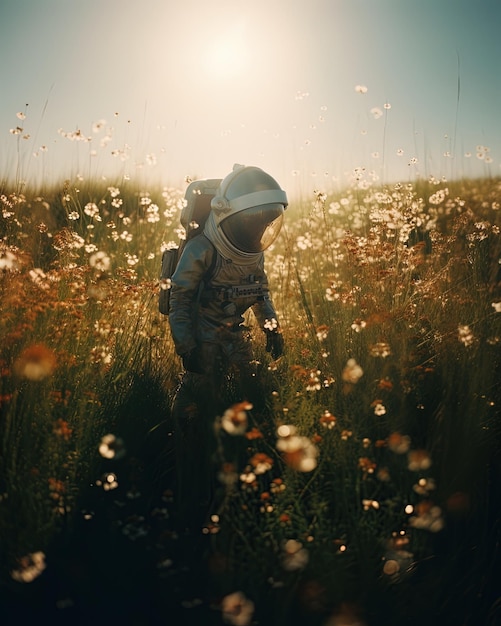 a person in a field of flowers with a sky background