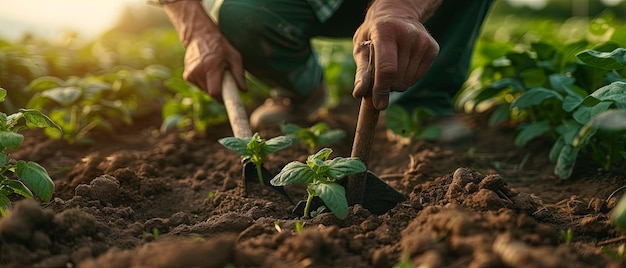 畑 で  と 植物 を 持っ て いる 人