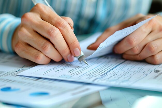 A person fills out forms using a pen with documents spread on the table