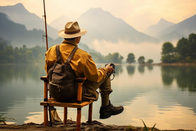 Photo person fishing from the lake surrounded