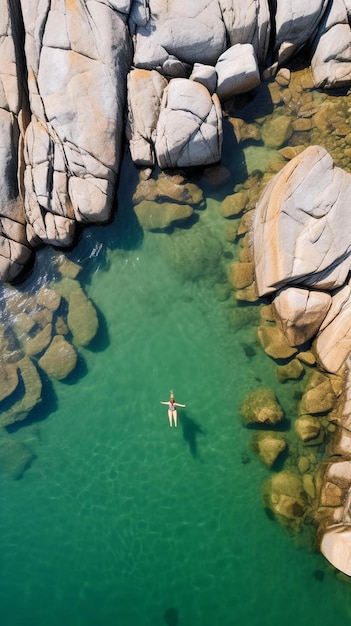 A person floating in a body of water near rocks