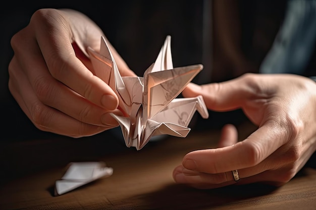 Person folding paper into intricate and delicate origami bird created with generative ai