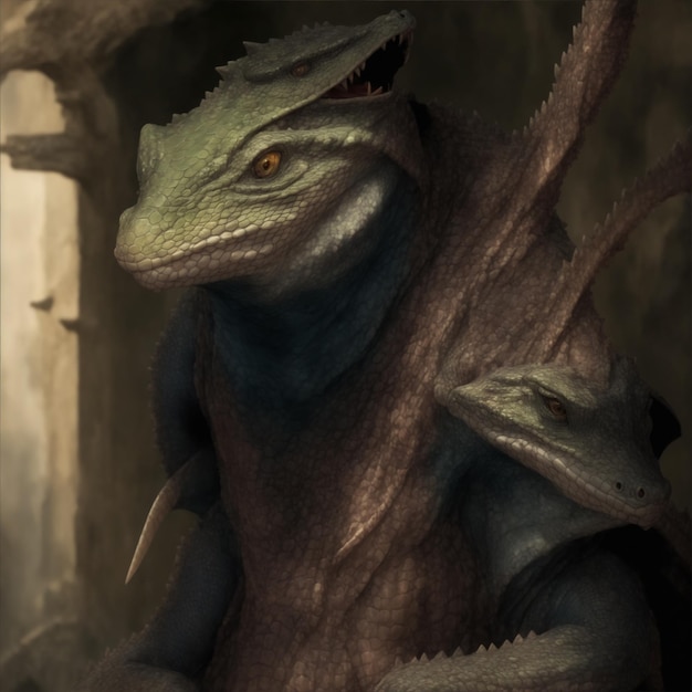 Person in the form of a combination lizard and dragon in the dungeon