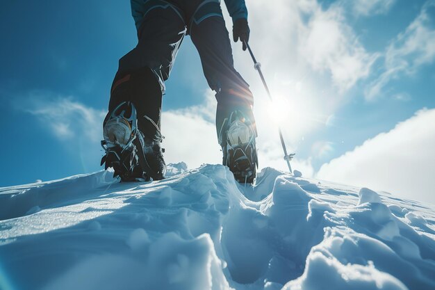 写真 高い山の頂上をスノーシューで登る背後の人