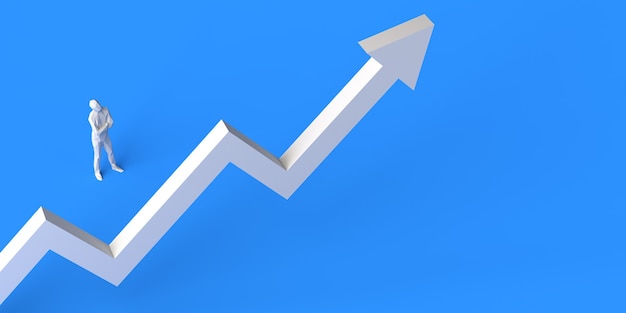 Persona davanti alla freccia verso l'alto dei guadagni. copia spazio. illustrazione 3d.
