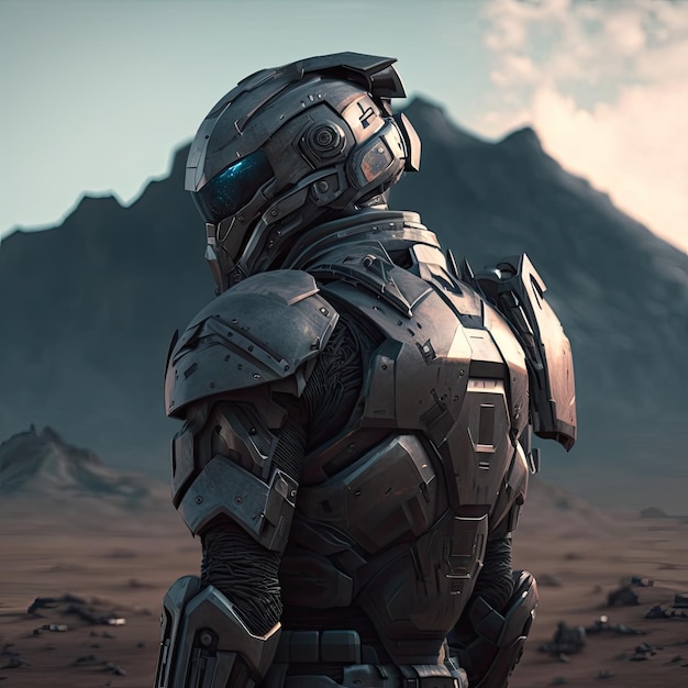 A person in a futuristic suit stands in front of a mountain.