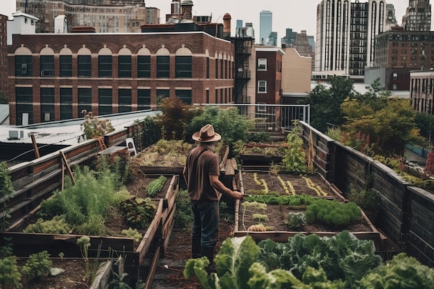 Person gardening in urban environment in big new york city illustration generative ai