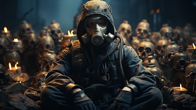 A person in a gas mask and a group of skulls