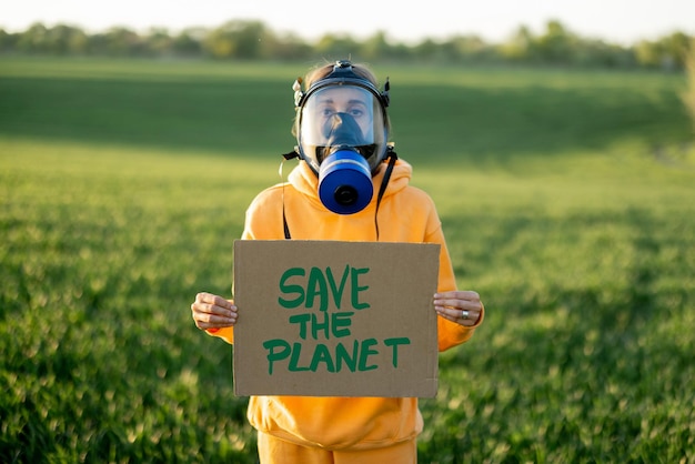 Photo person in gas mask holds cardboard with a call to save the planet
