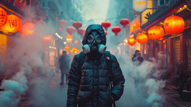 Person in a gas mask navigating through a misty street with Chinese lanterns AI Generative