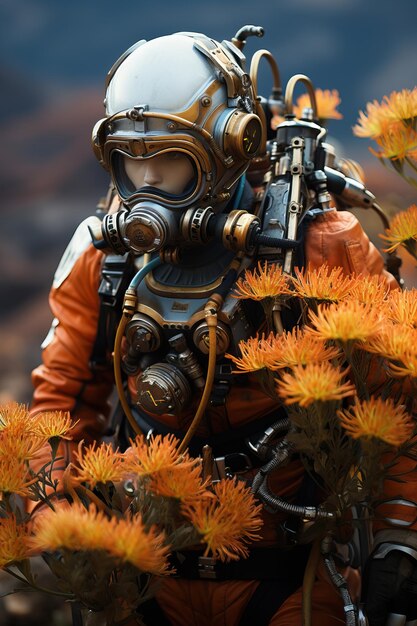 a person in a gas mask and orange flowers