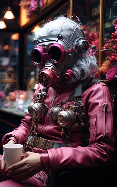 Photo a person in a gas mask with a cup in the background