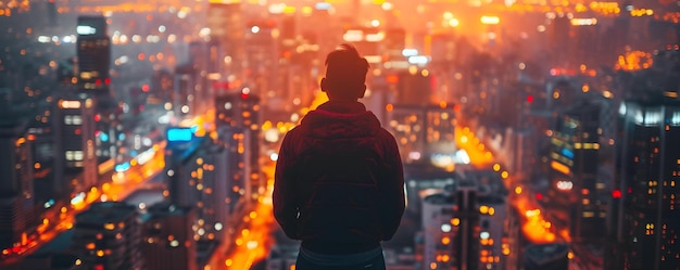 街の光に魅了された建物から街の光を眺める人 コンセプト シティスケープ 写真 都市の夜景 魅力的な街の光 建物の視点 都市の光を見つめる