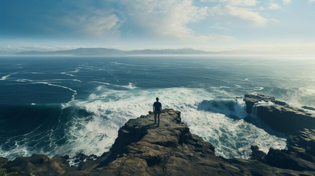 A person gazing down from a precipice at the tumultuous sea reflecting deeply