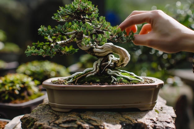 Foto persona che gira delicatamente il bonsai per ispezionarlo da tutte le angole