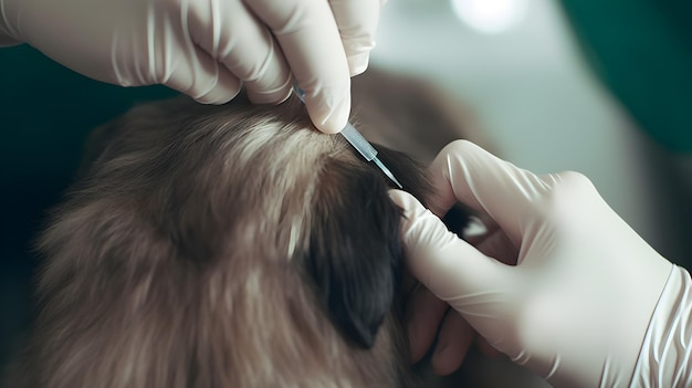 A person getting a haircut with a pair of gloves on.