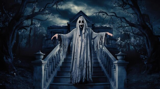 Person in ghost costume standing on stairs in forest