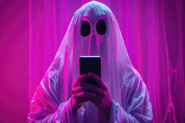 Person in Ghost Costume Using Smartphone with Vibrant Pink Background