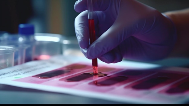 A person in a glove holds a red liquid in a pink container.