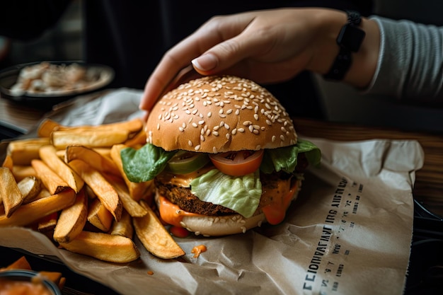 Persona che prende un boccone veloce di hamburger vegetariano e patatine prima di andare al cinema