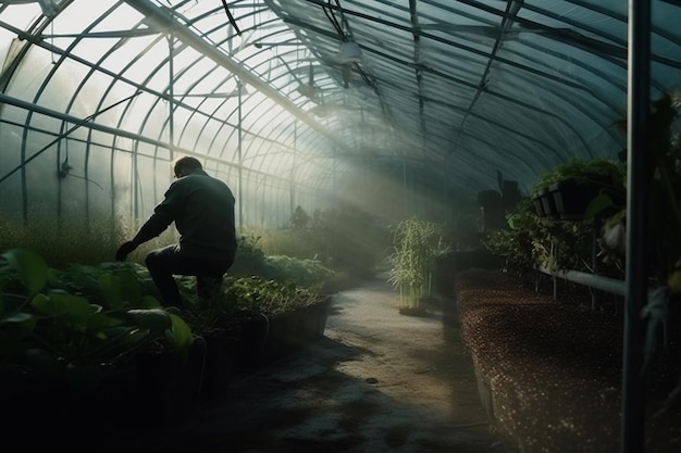 Person in a greenhouse looking after herbs Generative AI illustration
