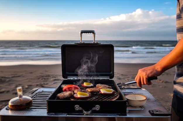 Person grilling juicy burger on portable grill with view of the beach created with generative ai