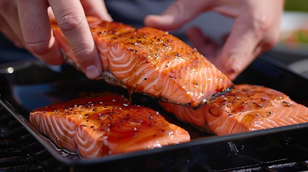 A person grilling salmon on a barbecue grill outdoors